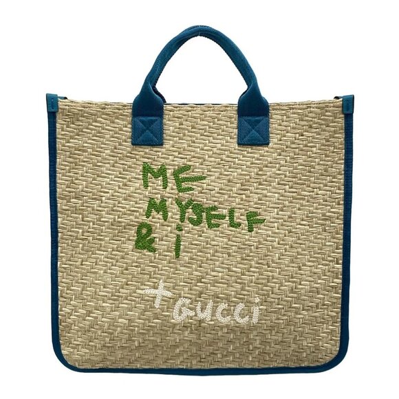 GUCCI Children's 605831 Beige Blue Green Multi Straw Chemical Fiber Tote Bag